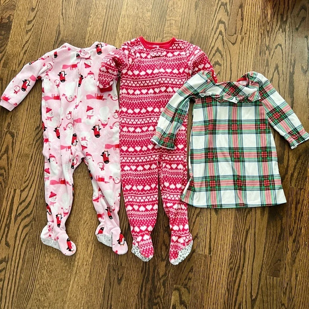 Toddler Girl Christmas PJ Bundle - Fleece Zip Footies and Nightgown - 2T